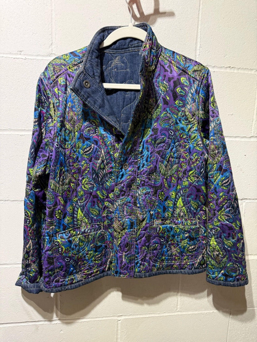 Chico's Quilted Paisley  Jean Jacket in Purple, Blue & Green satin and denim
